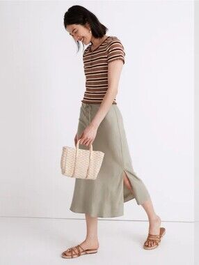 Madewel Linen-Blend Drawstring Midi Slip Skirt Classic Olive Midi Sz 6 $88